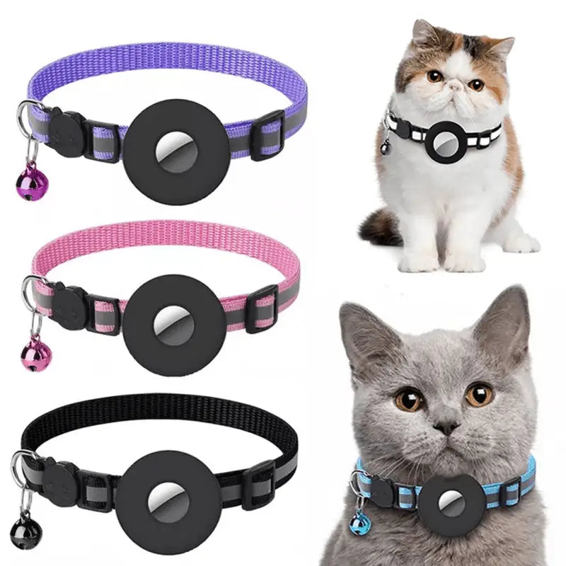 Purple pink and black woven nylon reflective collar waterproof holder case for airtag with magnetic tag and black plastic buckle
