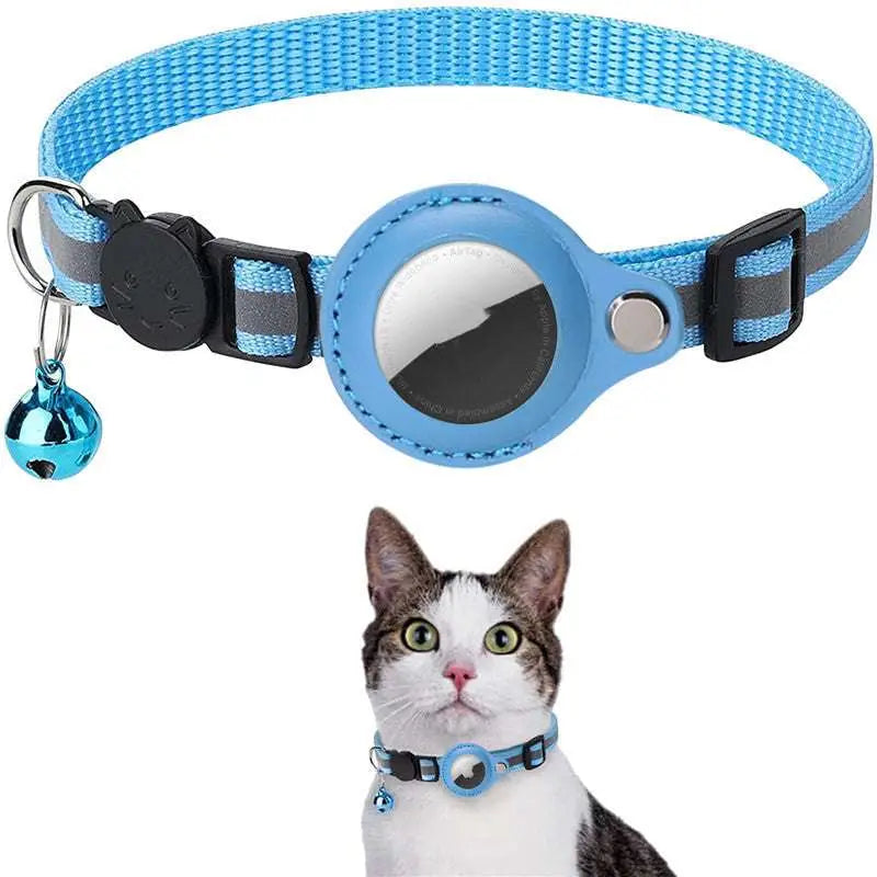 Light blue woven reflective collar waterproof with black plastic buckle and waterproof holder case for airtag with bell