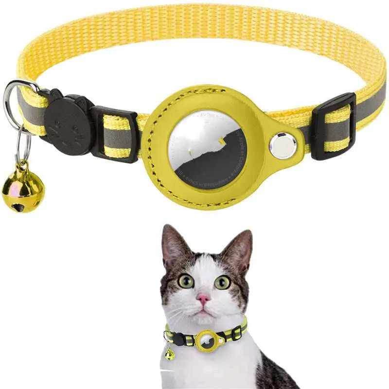 Yellow reflective collar with waterproof holder case for airtag black plastic buckle and small gold bell