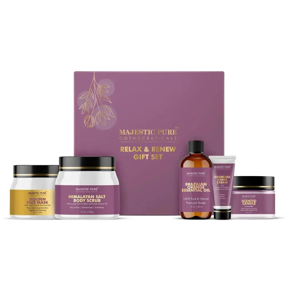 Majestic pure relax and renew essential oil gift set with brazilian orange essential in purple box with himalayan salt body scrub