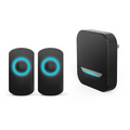 Black remote control doorbell with two glowing blue waterproof button a600 transmitters and a black control doorbell host unit