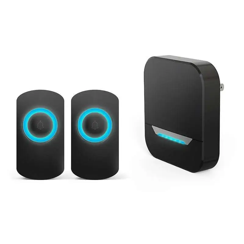 Black remote control doorbell with two glowing blue waterproof button a600 transmitters and a black control doorbell host unit