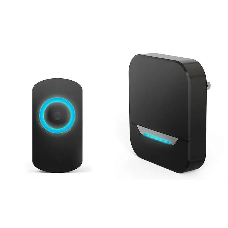 Black remote control doorbell host with waterproof button a600 featuring glowing blue circular button and LED indicator light