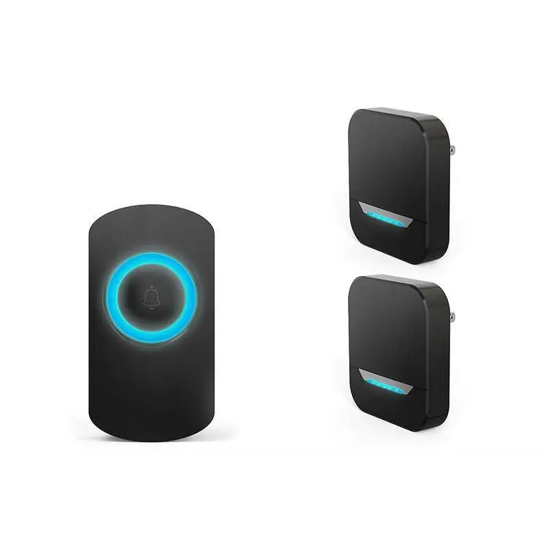 Black remote control doorbell system with waterproof button a600 and two matching wall-mounted control doorbell hosts
