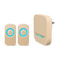 Beige remote control doorbell host a600 with two waterproof buttons and plug-in receiver featuring blue glowing lights