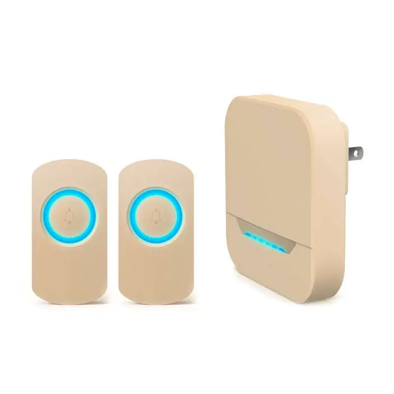 Beige remote control doorbell host a600 with two waterproof buttons and plug-in receiver featuring blue glowing lights