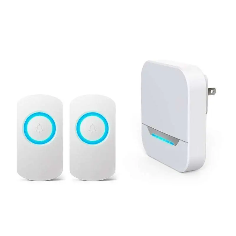 White remote control doorbell host a600 with two wall-mounted receivers and glowing blue waterproof button a600 system