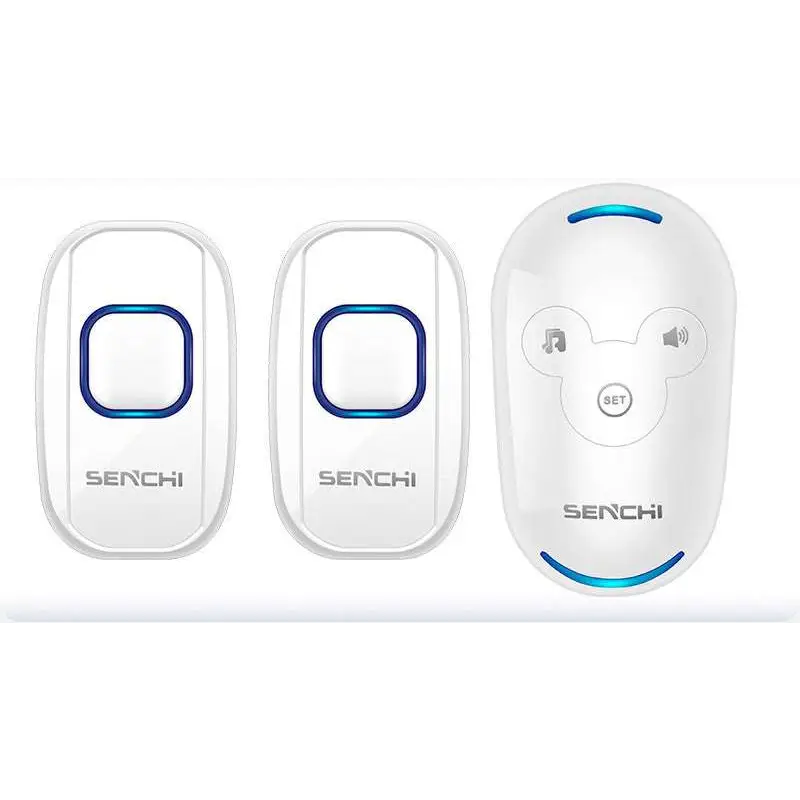 White senchi remote control doorbell host with blue illuminated edges and mickey mouse-shaped waterproof button a600