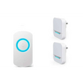White remote control doorbell host with waterproof button a600 featuring a glowing blue ring and two wall receivers