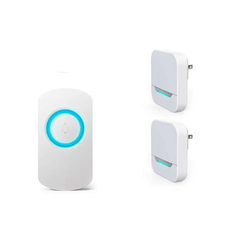 White remote control doorbell host with waterproof button a600 featuring a glowing blue ring and two wall receivers