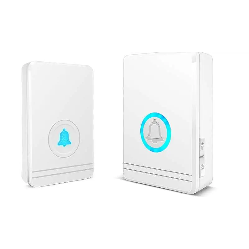 White remote control doorbell with glowing blue bell icon and waterproof button A600 control doorbell host units