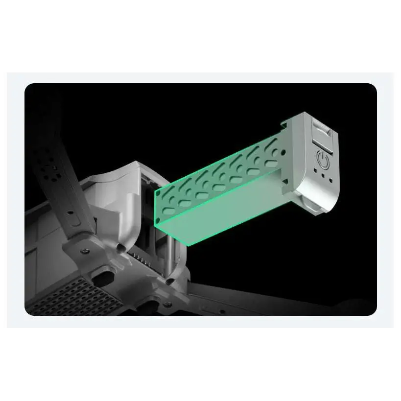 Sleek silver drone battery with perforated design and glowing green interior for gray folding drone with gps positioning