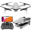Gray folding drone with black propellers and front-facing camera shown open and folded with remote control for gps positioning and mobile phone control