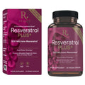 Reserveage beauty resveratrol plus 500 mg brain health supplement bottle and box in purple and black with veggie capsules