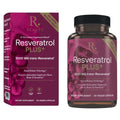 Reserveage beauty resveratrol plus dietary supplement bottle and box in purple and black with 1000 mg trans-resveratrol capsules