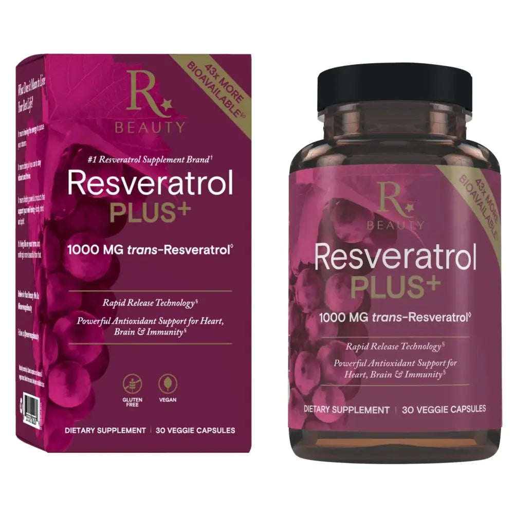 Reserveage beauty resveratrol plus dietary supplement bottle and box in purple and black with 1000 mg trans-resveratrol capsules