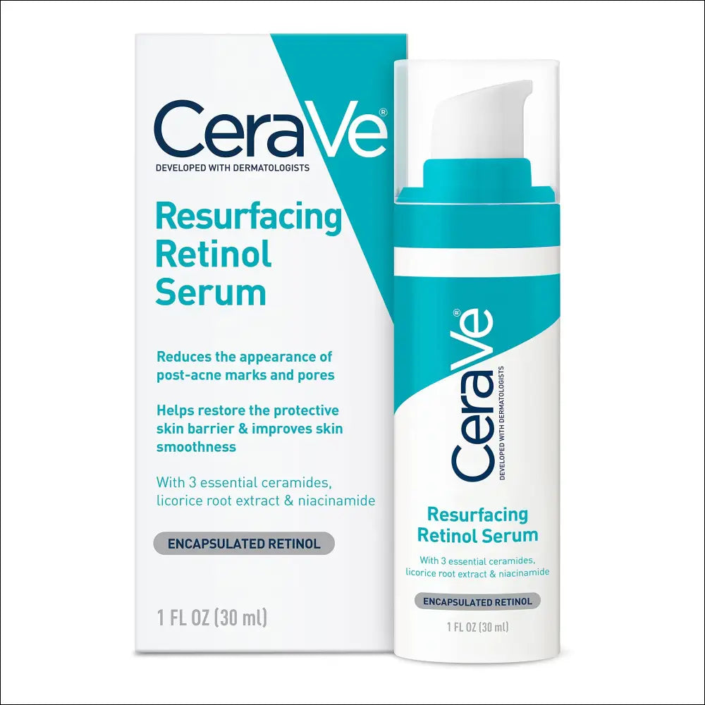 Cerave resurfacing retinol serum in white and teal pump bottle with encapsulated retinol ideal for luxury women’s fashion care