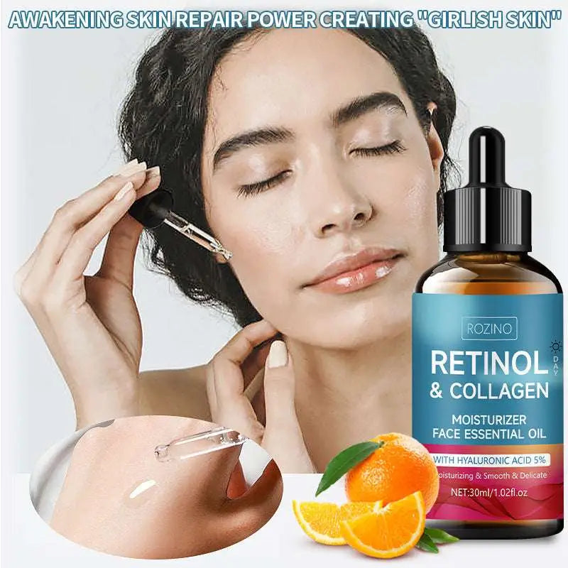A sleek amber glass bottle with black dropper cap labeled rozino retinol and collagen anti wrinkle moisturizing oil