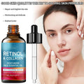 A dark amber glass bottle with a black dropper cap containing rozino retinol and collagen anti wrinkle moisturizing oil with 5% hyaluronic acid