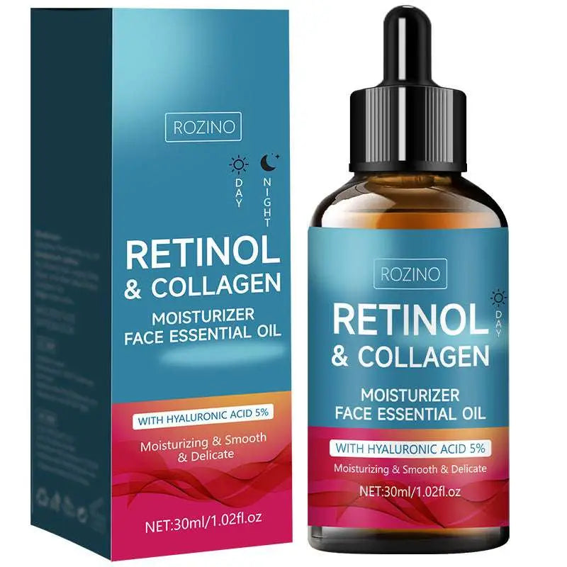 Rozino retinol and collagen anti wrinkle moisturizing oil in amber glass bottle with black dropper and colorful packaging