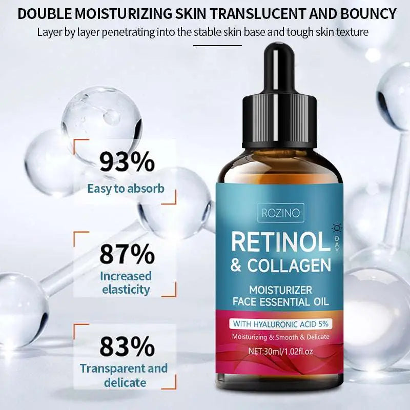A sleek amber glass bottle with black dropper cap labeled rozino retinol and collagen anti wrinkle moisturizing oil