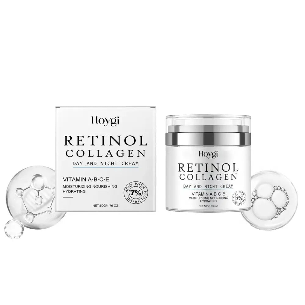 Hoygi retinol anti aging collagen day and night cream in white jar with silver lid and matching box aging face cream