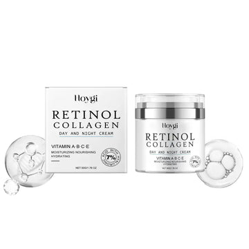 Hoygi retinol anti aging collagen day and night cream in white jar with silver lid and matching aging face cream box