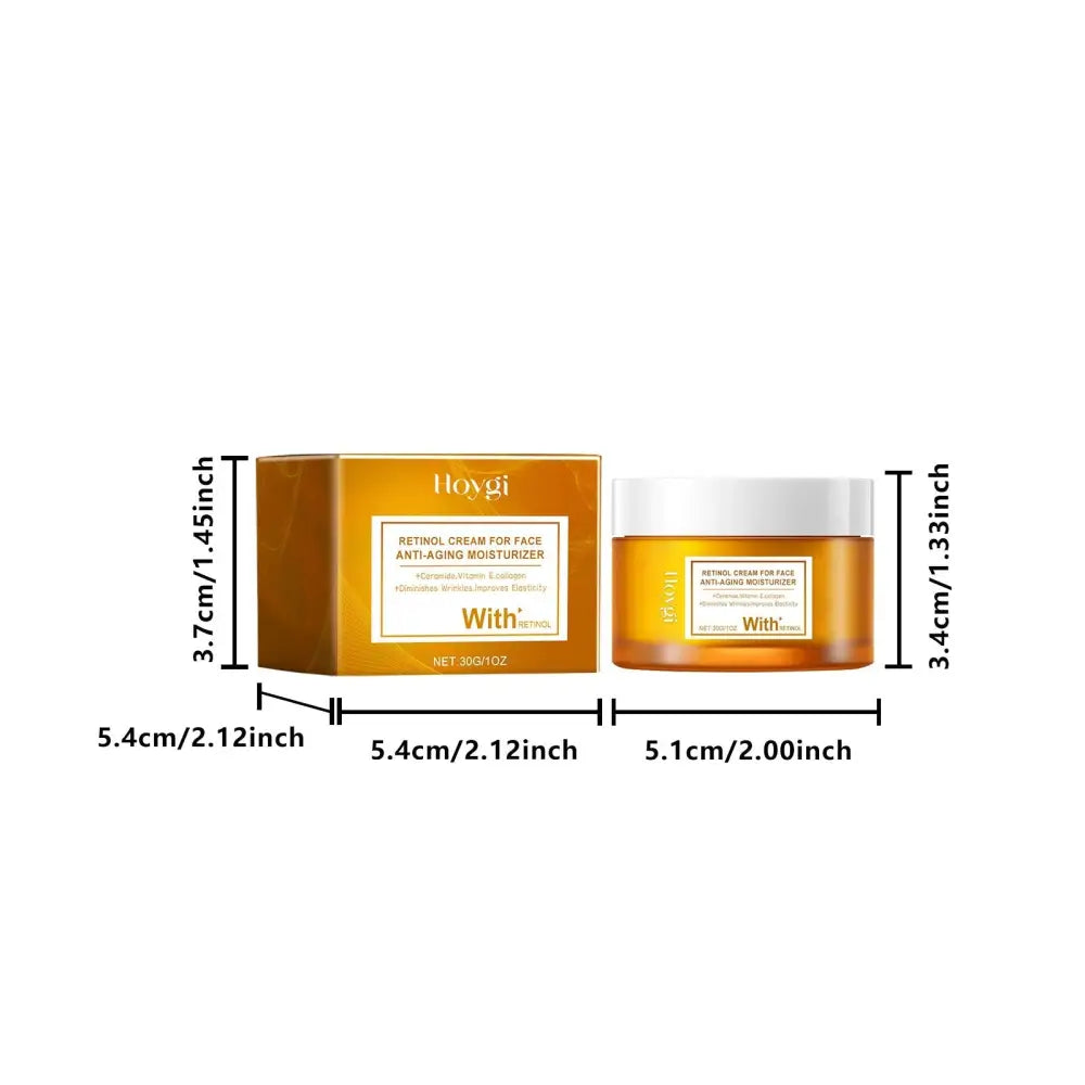 Hoygi retinol face anti-aging moisturizer in a golden jar with white lid and matching box hydrates and lightens lines