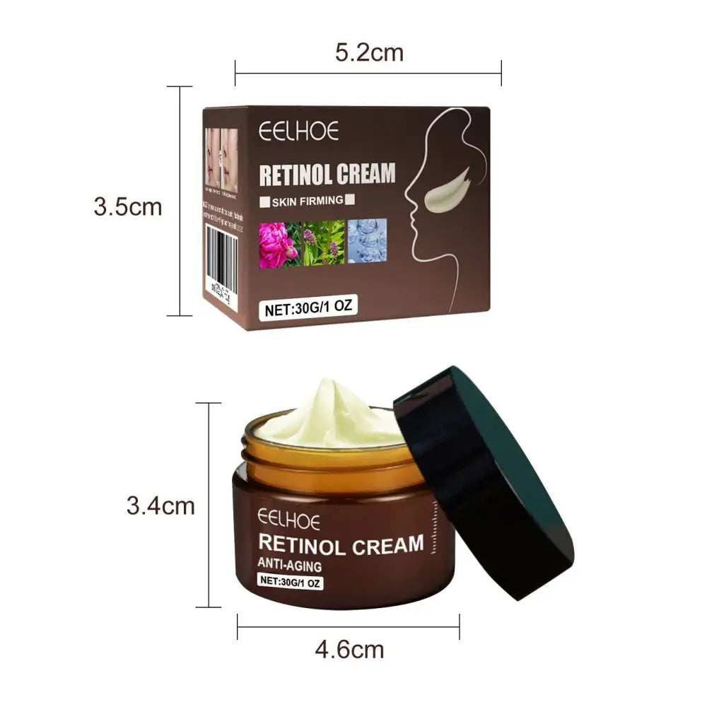 Eelhoe retinol anti aging skin firming cream in a brown jar with black lid contains 30g creamy white product for fine lines