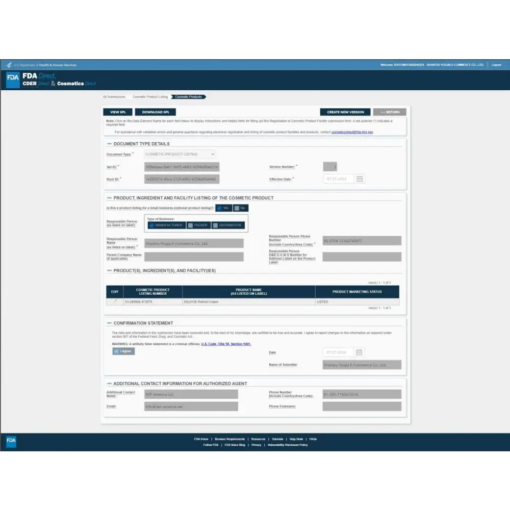 Fda cosmetic product registration form for retinol anti aging skin firming cream targeting fine lines with product details fields