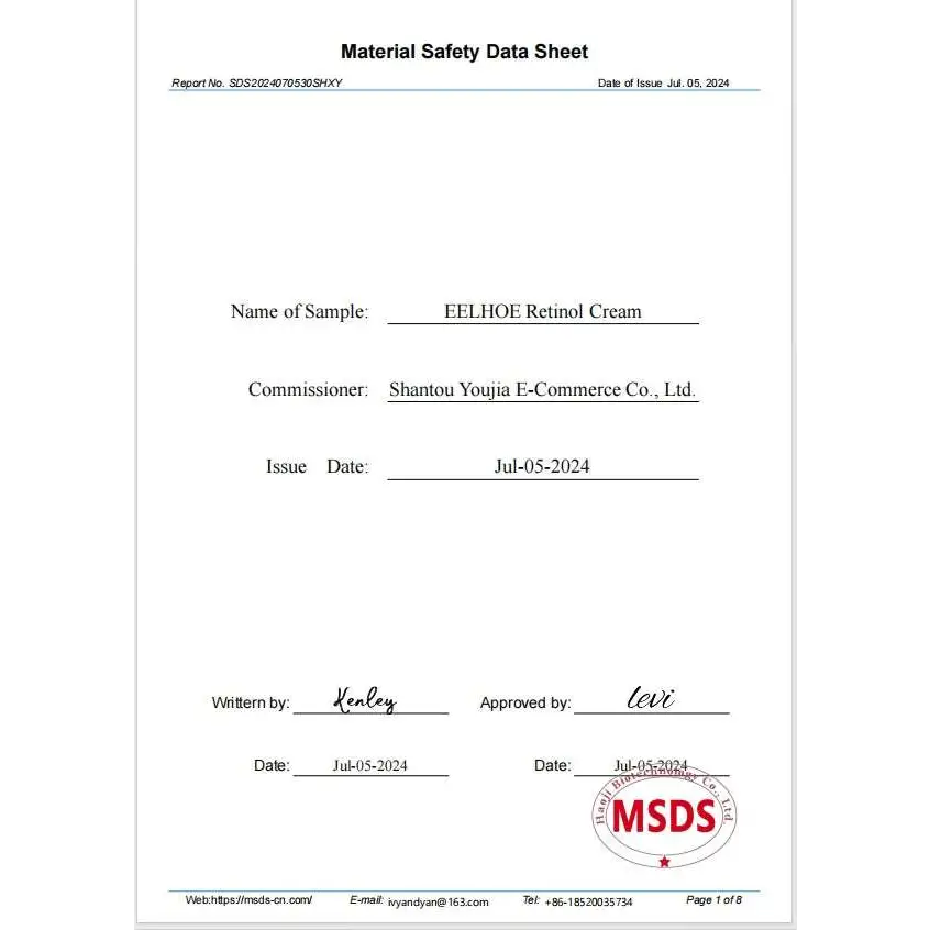 White paper material safety data sheet for eelhoe retinol anti aging skin firming cream targeting fine lines