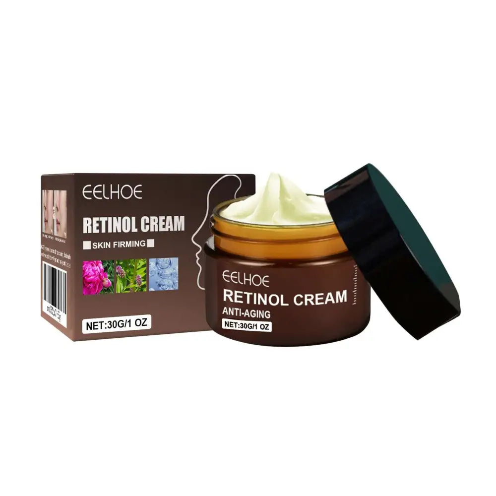 Eelhoe retinol anti aging skin firming cream in a brown jar with black lid targets fine lines and firms skin