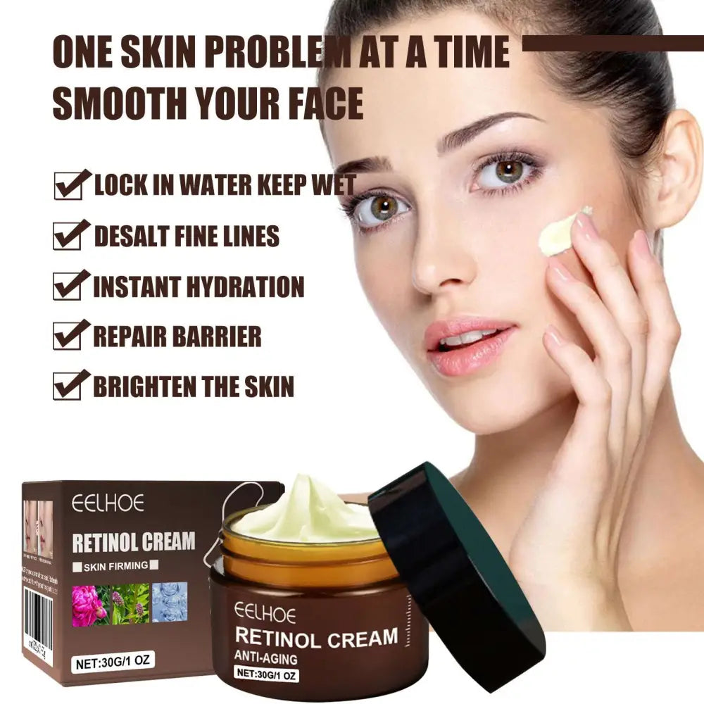 Brown jar of retinol anti aging skin firming cream with black lid containing light green cream for fine lines care