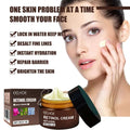 Brown jar of retinol anti aging skin firming cream with black lid containing light green cream for fine lines care