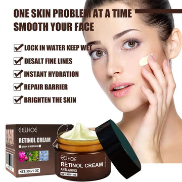 Brown jar of retinol anti aging skin firming cream with black lid containing light green cream for fine lines care