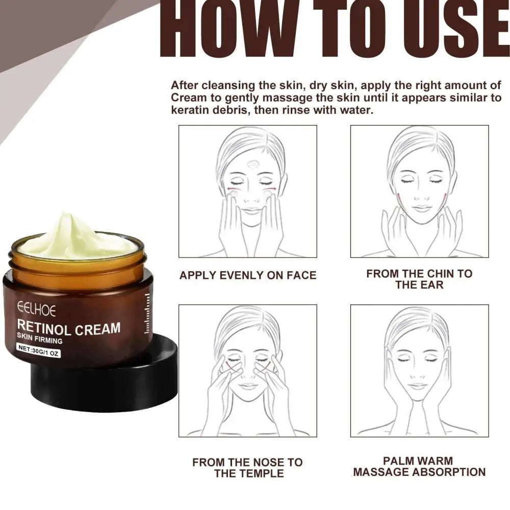 A brown glass jar of retinol anti aging skin firming cream with black lid and light green cream for fine lines