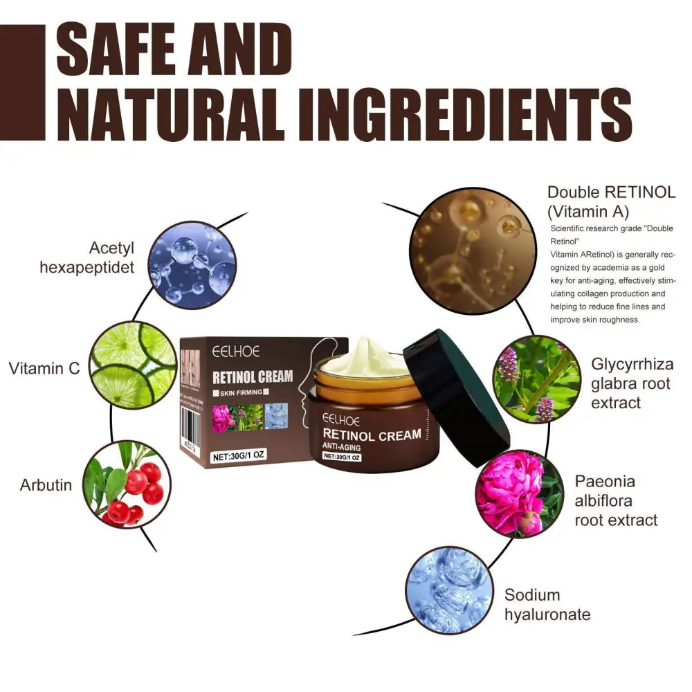 Brown jar of retinol anti aging skin firming cream with black lid showing creamy white product for fine lines