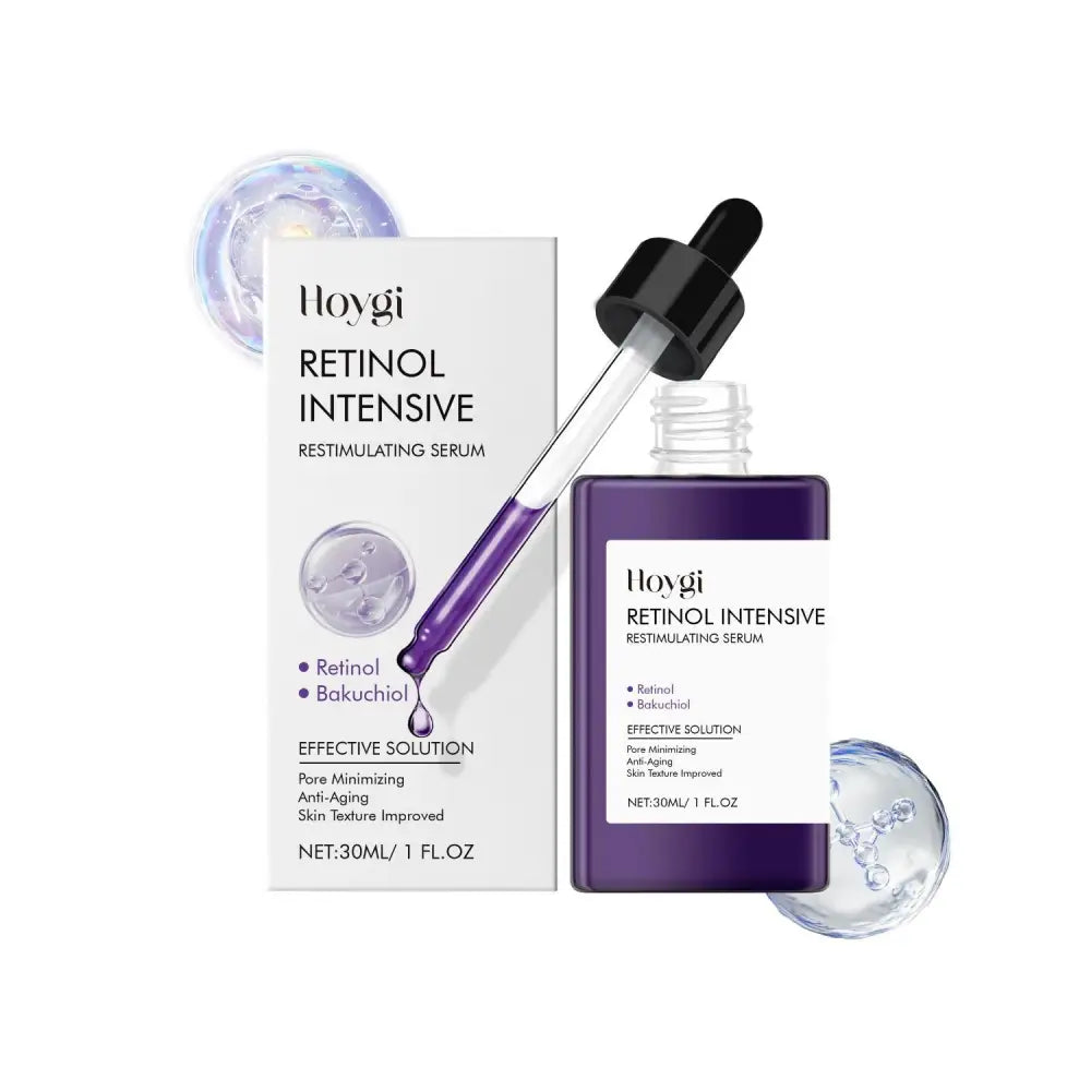 Purple glass bottle of hoygi retinol anti-aging solution intensive serum with black dropper and white label