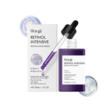 Purple glass bottle of hoygi retinol anti-aging solution intensive serum with black dropper and white label