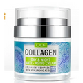 Olf collagen day and night anti-aging cream in white jar with silver lid and blue patterned label for envisha retinol cream use