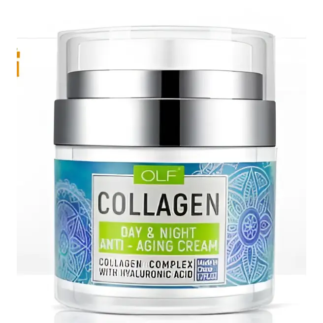 Olf collagen day and night anti-aging cream in white jar with silver lid and blue patterned label for envisha retinol cream use