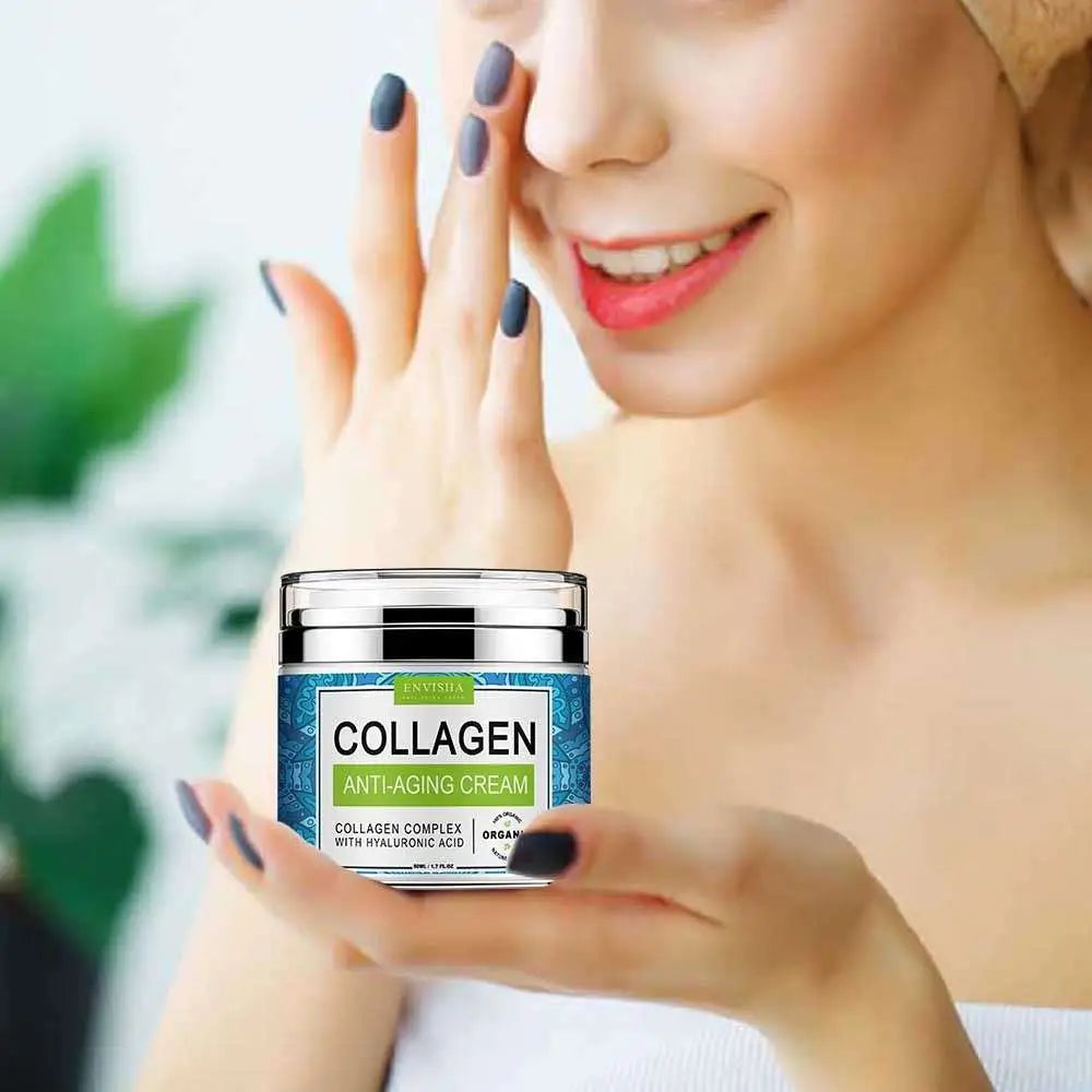 Envisia retinol cream collagen anti-aging cream in a sleek silver jar with a blue patterned label for skin renewal