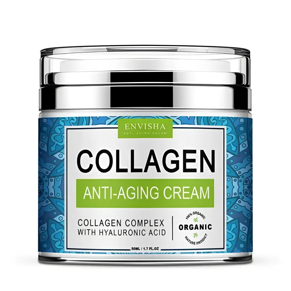 Envisha retinol cream collagen anti-aging cream in a clear glass jar with silver lid and blue patterned label