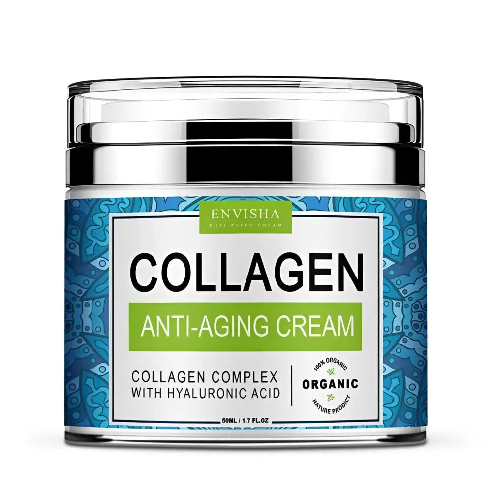 Envisha retinol cream collagen anti-aging cream in a clear glass jar with a silver lid and blue patterned label
