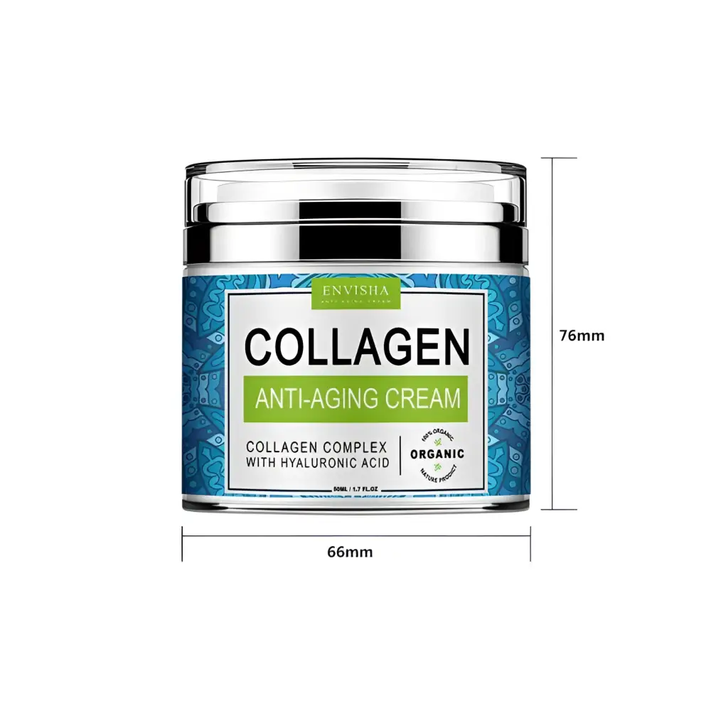 Envisha retinol cream collagen anti-aging cream in a clear glass jar with silver lid and blue patterned label