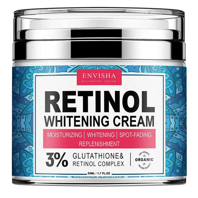 Envisha retinol cream in a sleek silver jar with a blue patterned label for collagen anti-aging cream benefits