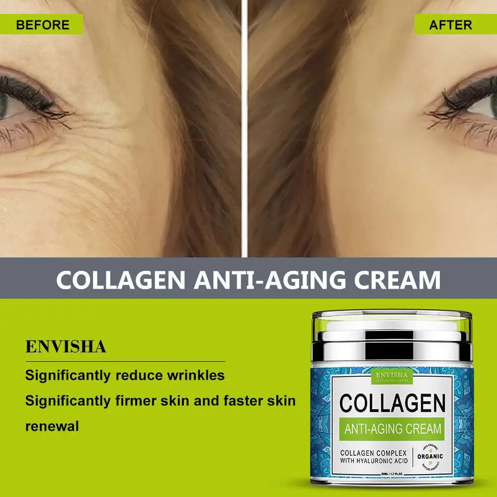 Envisha retinol cream collagen anti-aging cream in a sleek silver jar with a blue patterned label for skin renewal