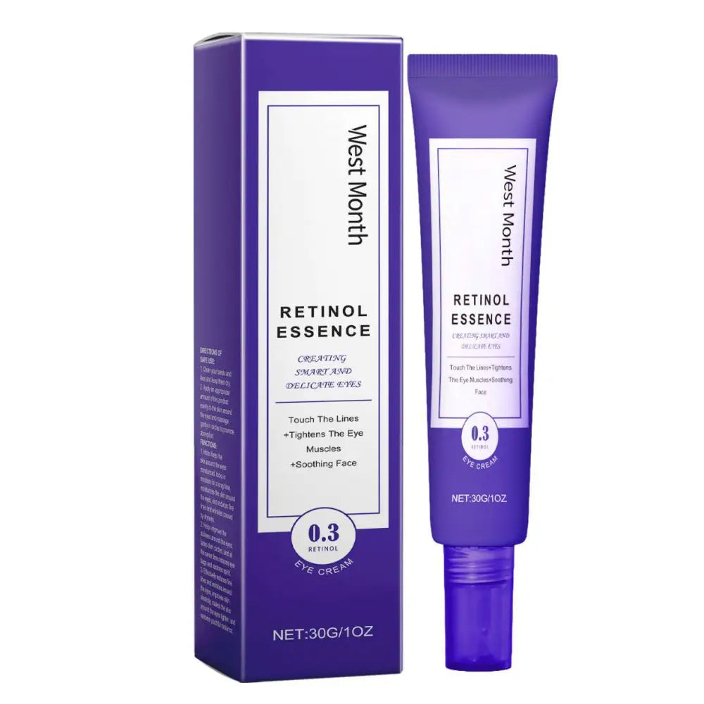 Purple west month retinol essence anti aging eye cream in a sleek tube and matching box with white labeling and black text