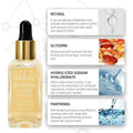 A clear glass bottle with gold dropper contains breylee retinol skin firming serum for fine lines and collagen support