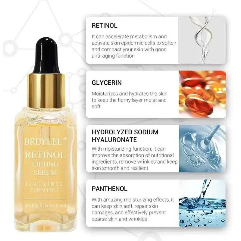 A clear glass bottle with gold dropper contains breylee retinol skin firming serum for fine lines and collagen support